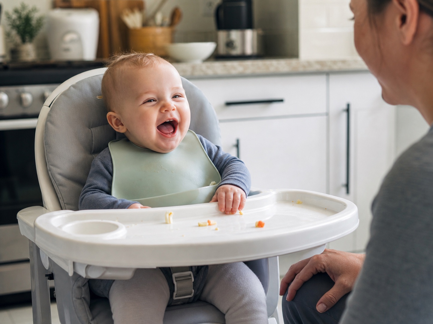 A baby laughing with a parent at home