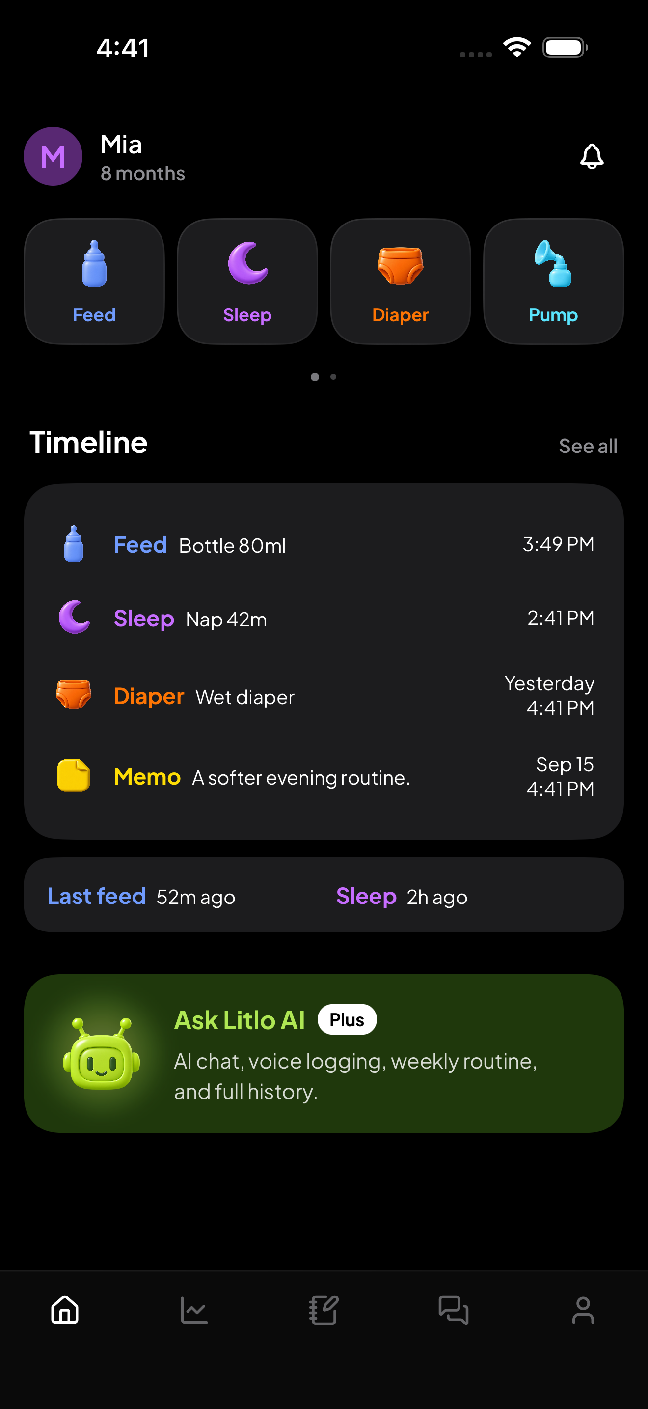 Litlo Home in Dark Mode showing recent care entries