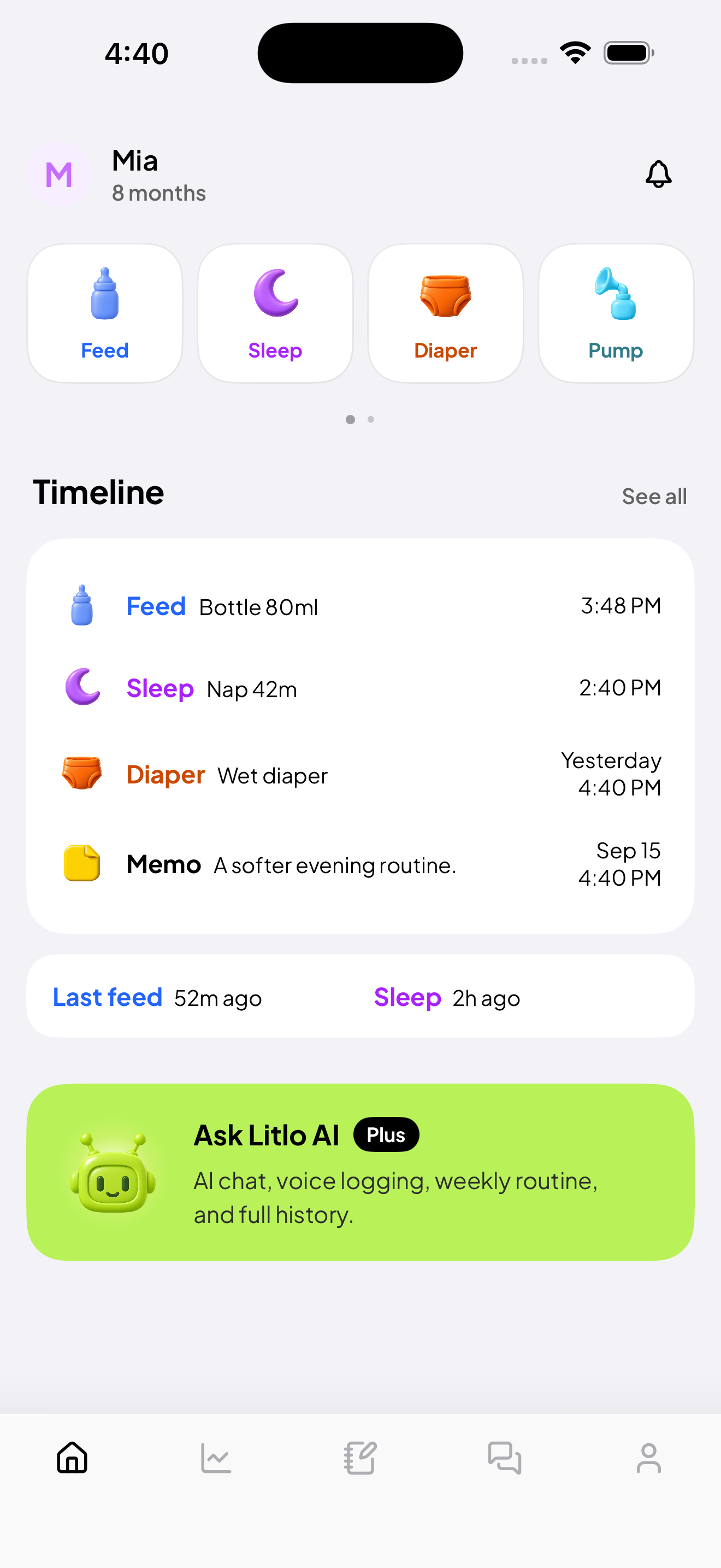 Litlo Home in Light Mode showing quick care logging and recent entries