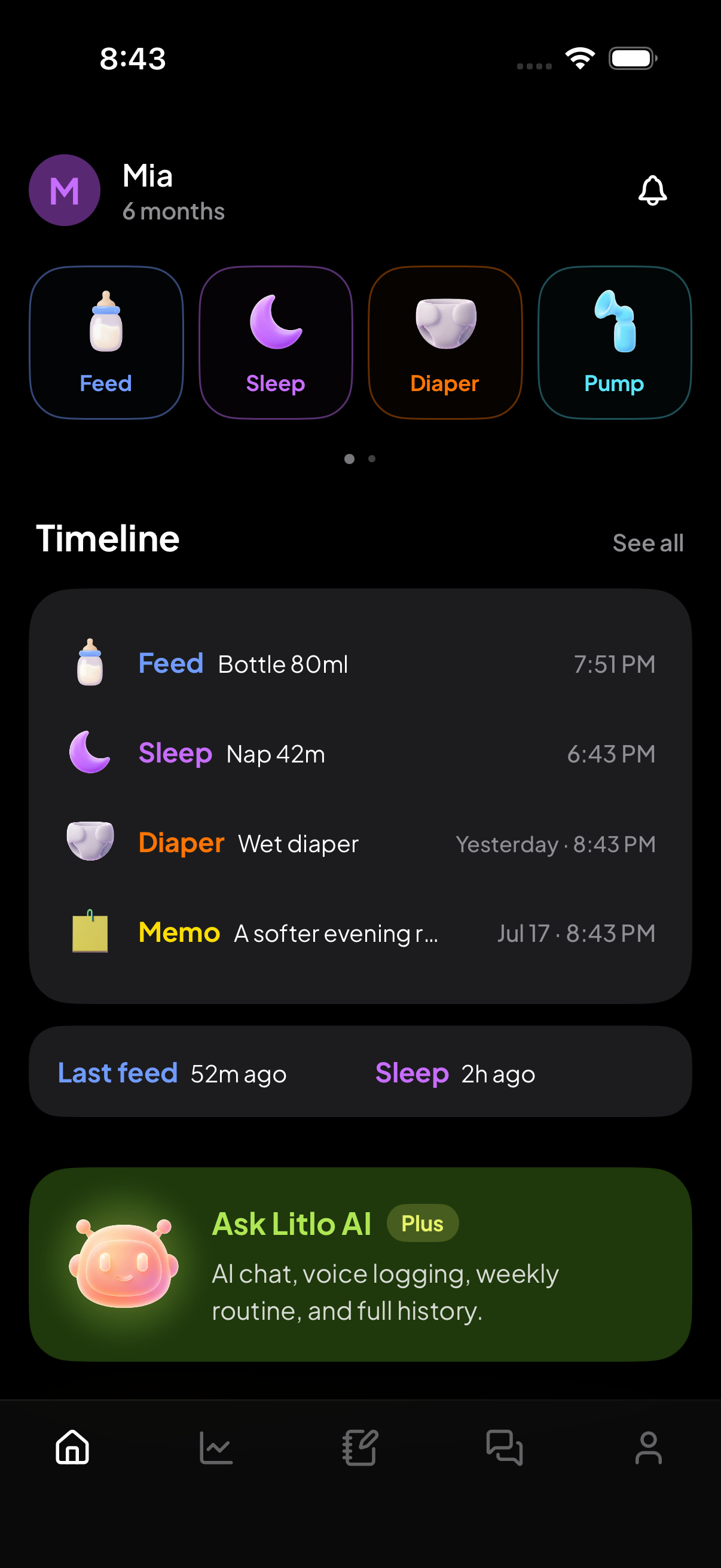 Litlo Home showing quick care logging and a daily timeline