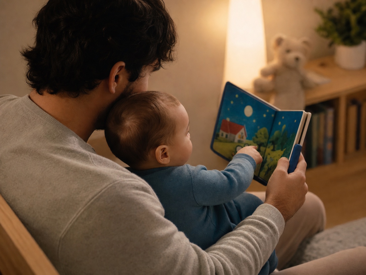 A parent reading a bedtime story with their baby