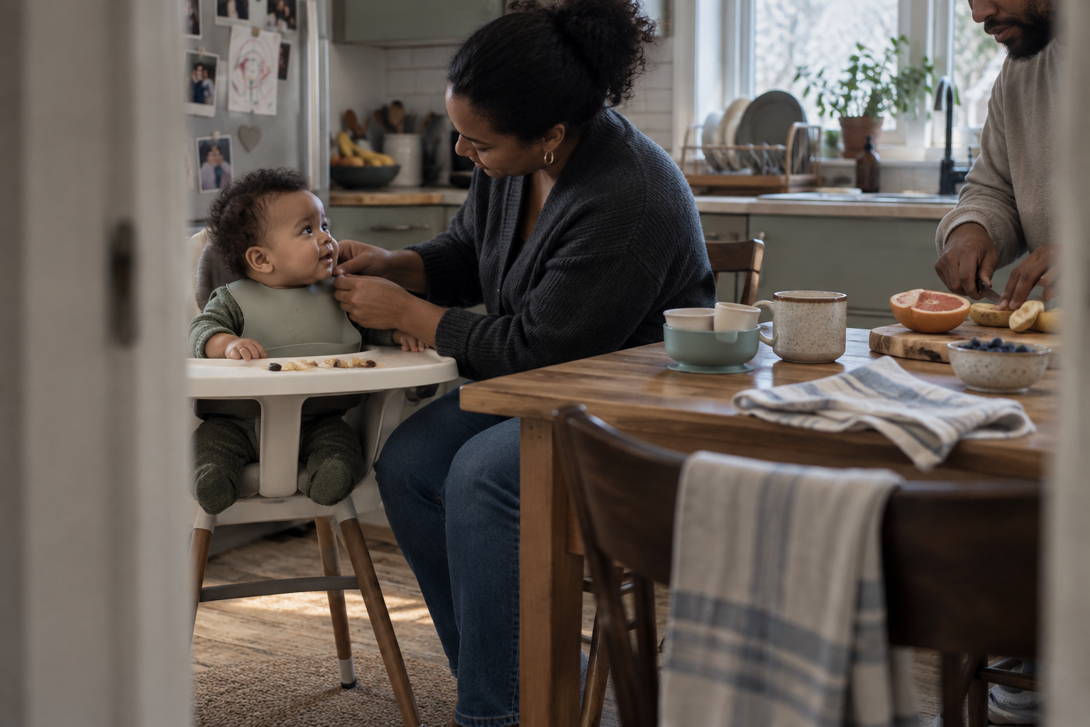 A family preparing breakfast while a parent adjusts their baby's bib