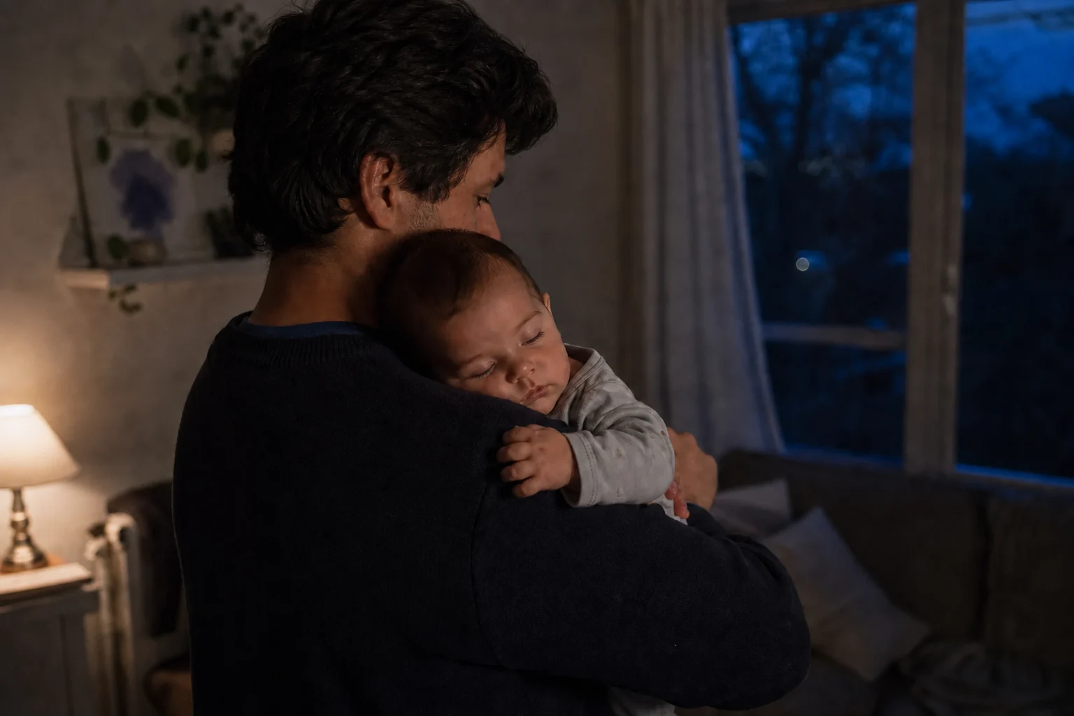 A sleeping baby resting peacefully on a parent’s shoulder